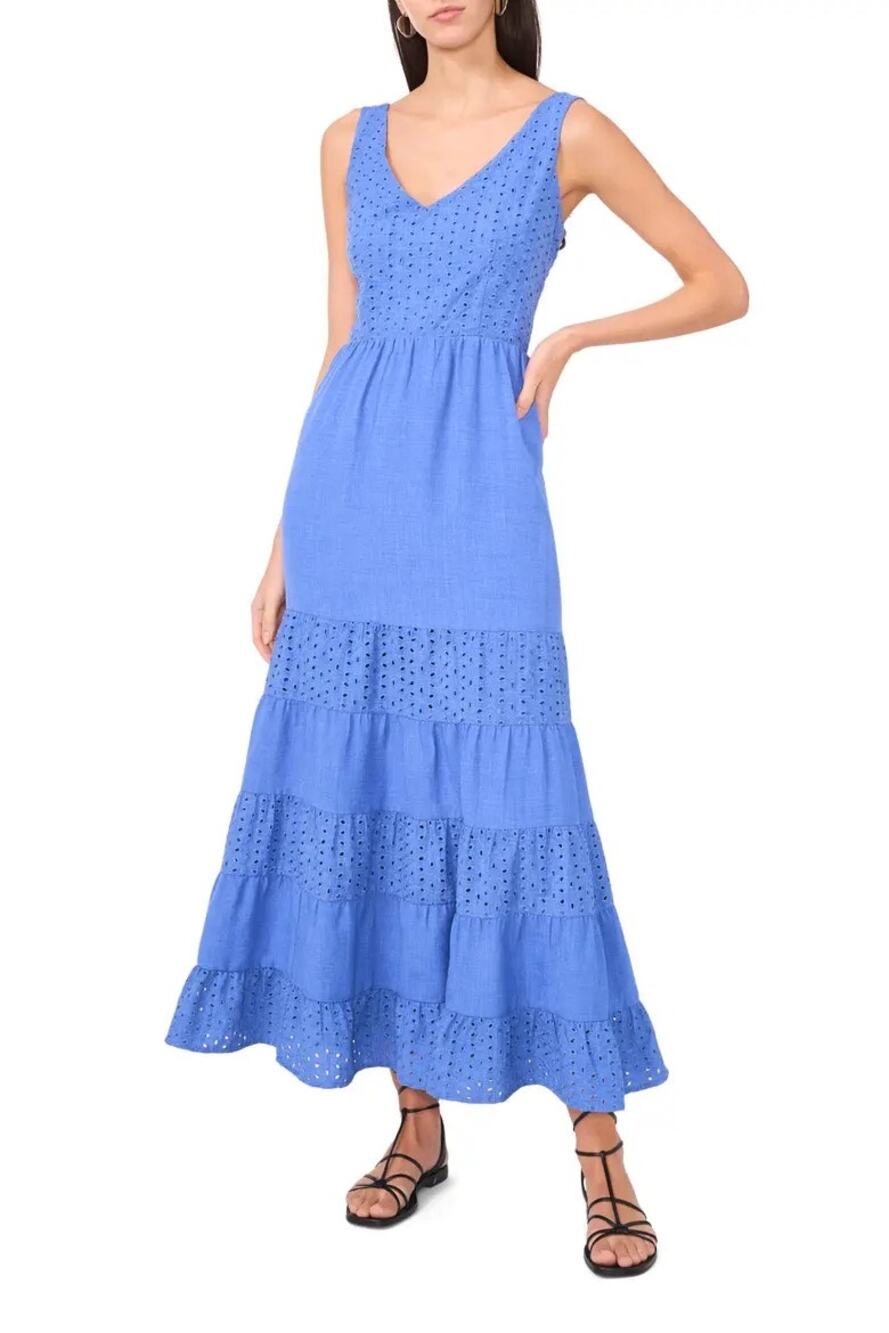 Vince Camuto Dress SZ Small NEW Blue Eyelet Tiered Maxi Sleeveless Cotton NWOT